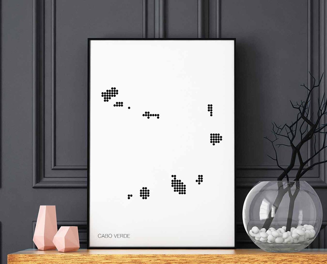 Cabo Verde Minimal Dots Retro Map Poster Black White Wall Decor Design Modern Swiss Scandinavian Nordic Housewarming Travel