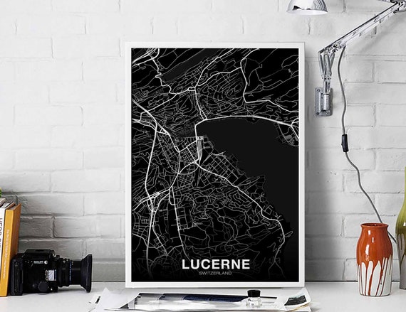 Lucerne Switzerland Map Poster Black White Hometown City Print Modern Home Decor Office Decoration Wall Art Dorm Bedroom Gift