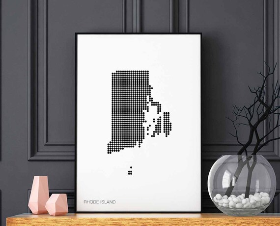 Rhode Island Us State Minimal Dots Retro Map Poster Black White Wall Decor Design Modern Swiss Scandinavian Nordic Housewarming Travel