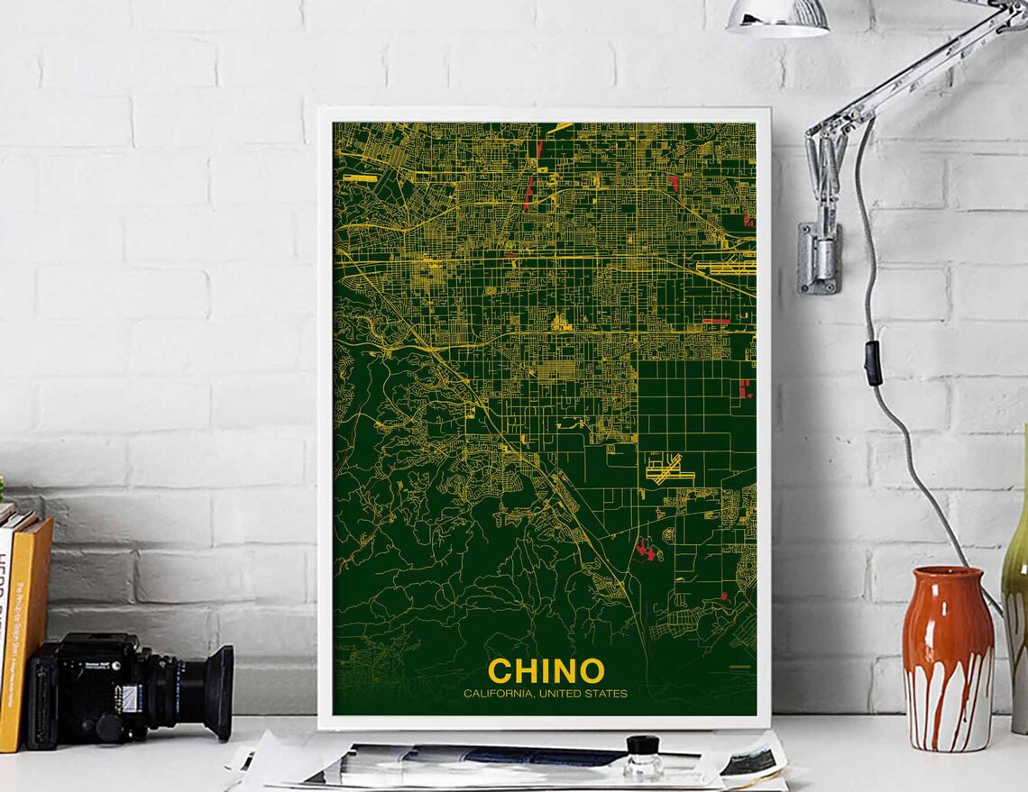 Chino California Dark Green Yellow City Street Map United States Poster