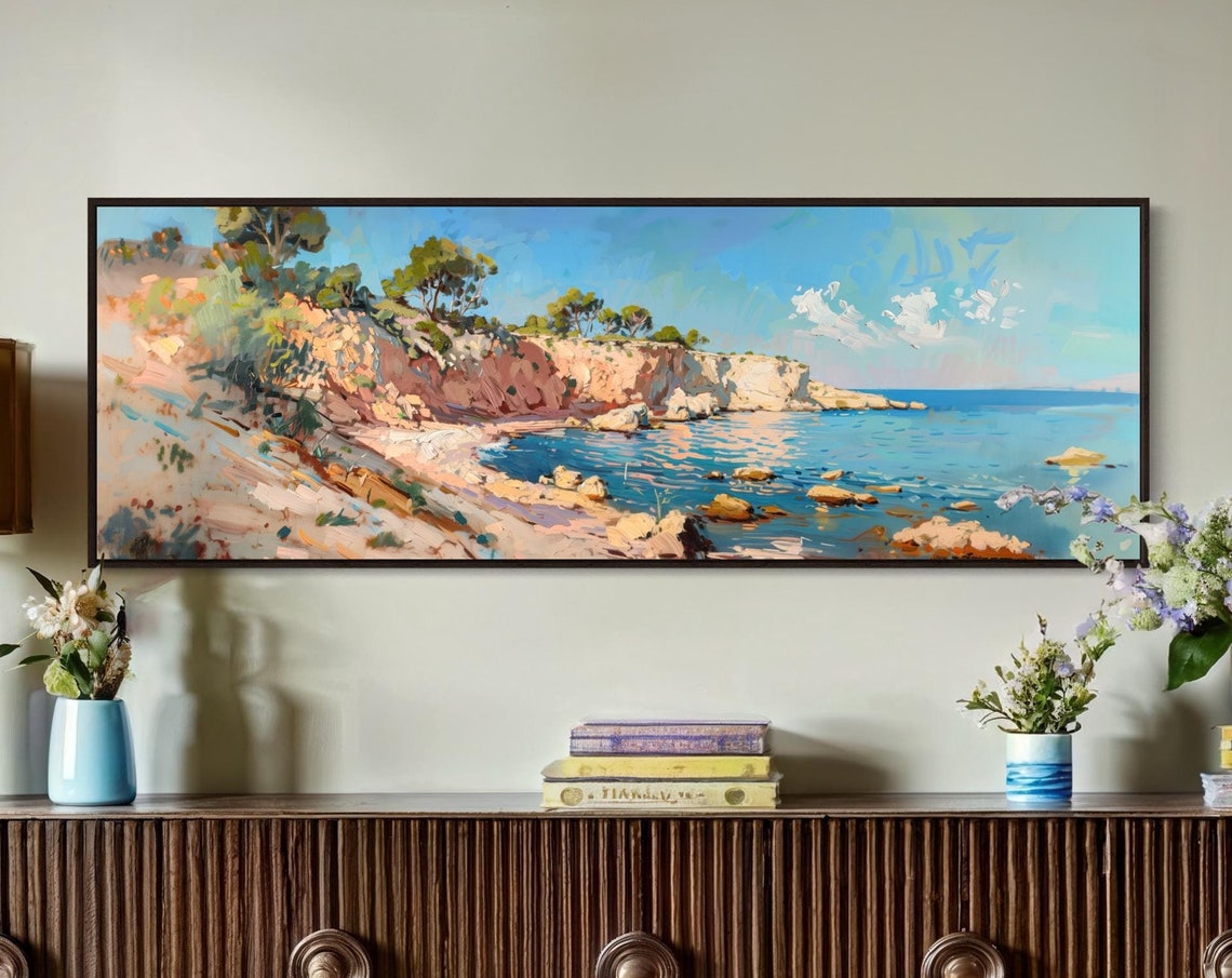 Mediterranean Rocky Cliff Coastline Sunny Bay View Travel Poster