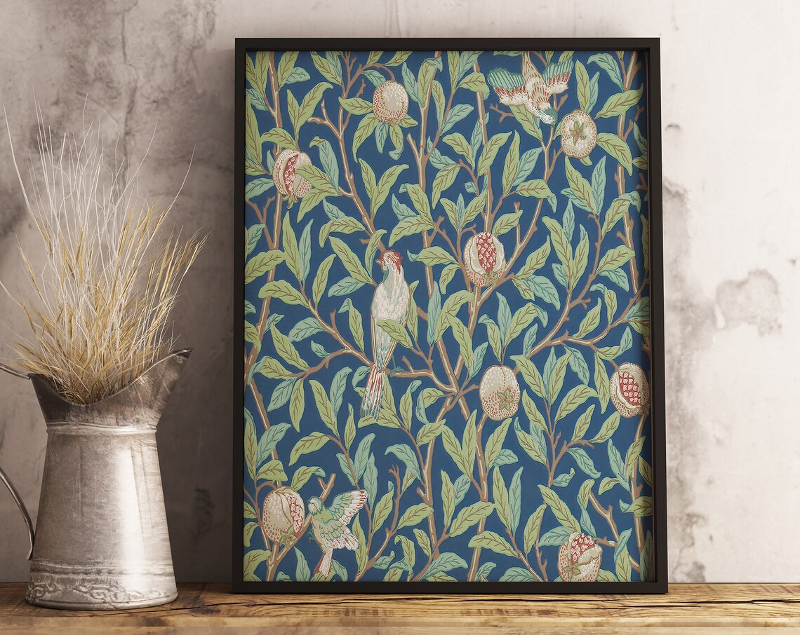 William Morris Style Print Pomegranate Bird Pattern Navy Botanical - Image 3