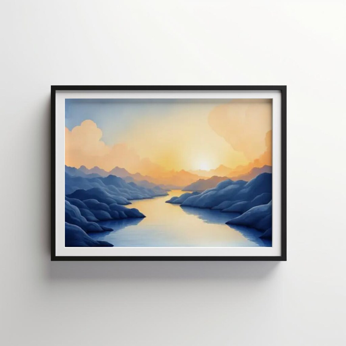 Serene Sunrise Over Blue Hills River Valley Landscape Poster