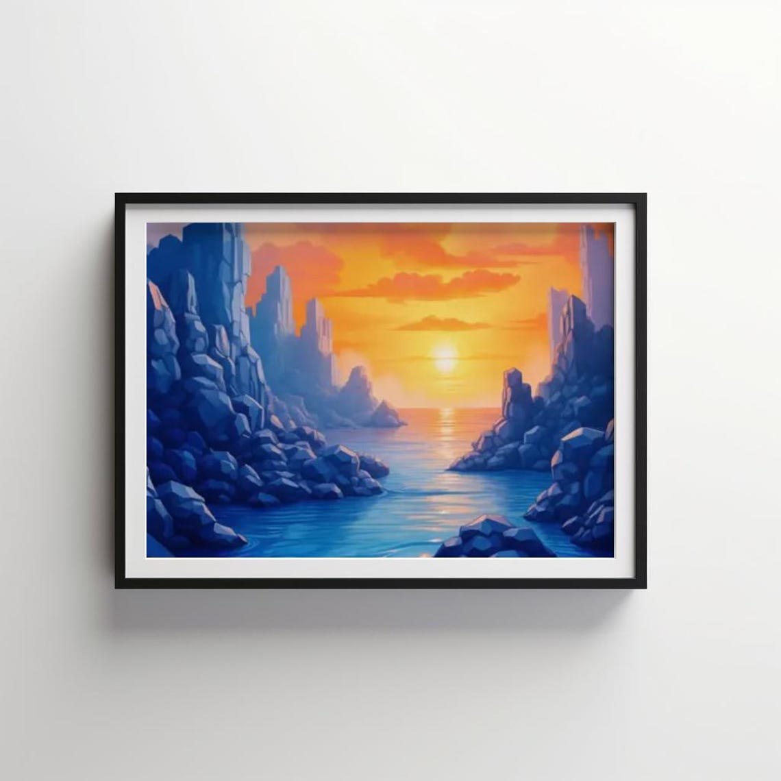 Indigo Ocean Inlet at Sunset Rocky Cliffs Seascape Art Poster