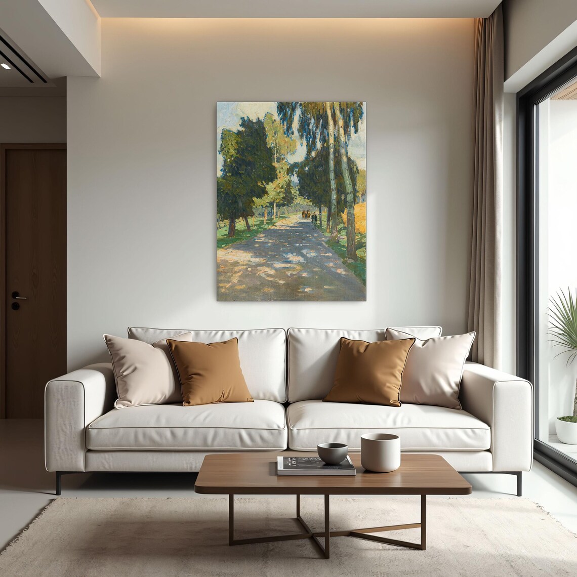 Framed Wall Art Of Sunlit Road Trees Figures Landscape Fine Art Print Green And Yellow Entryway Art Print Rustic Oil Painting - Image 2