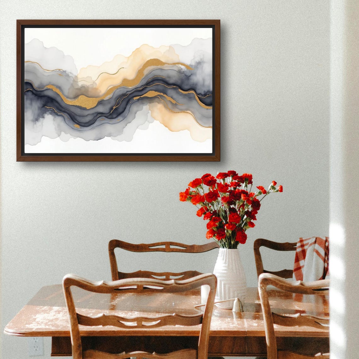 Gold Glitter Ribbon Through Dark Indigo Ink Waves Abstract Art Poster - Image 3