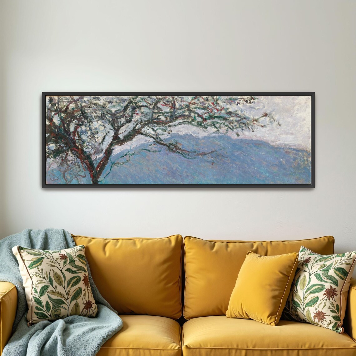 Impressionist Landscape Painting With Tree Panoramic Wall Art Horizontal Framed Art Above Bed Wall Art Bedroom And Living Room Art - Image 4