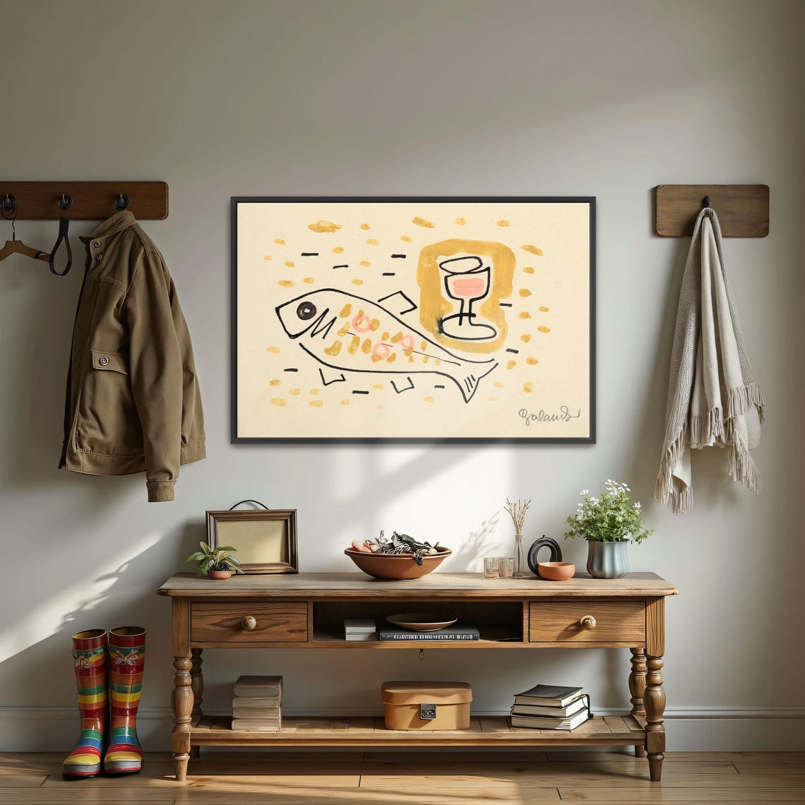Framed Print Of Fish And Glass Of Wine Still Life Animal Print Yellow And Pink Living Room Art Print Abstract Artwork - Image 3