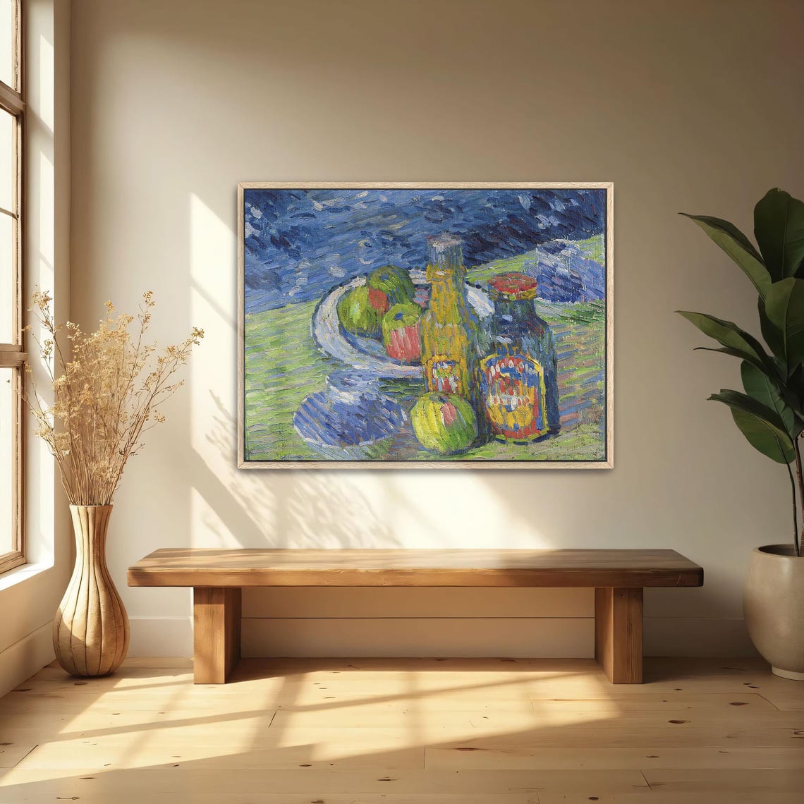 Large Framed Print Of Still Life With Bottles And Fruit Geometric Wall Art Blue And Green Living Room Artwork - Image 4