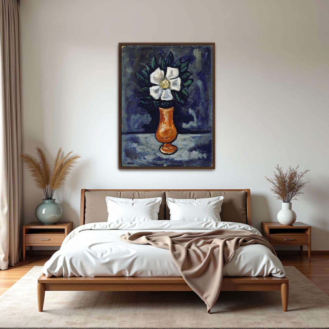 White Flower in an Orange Vase Modernist Still Life Painting Poster