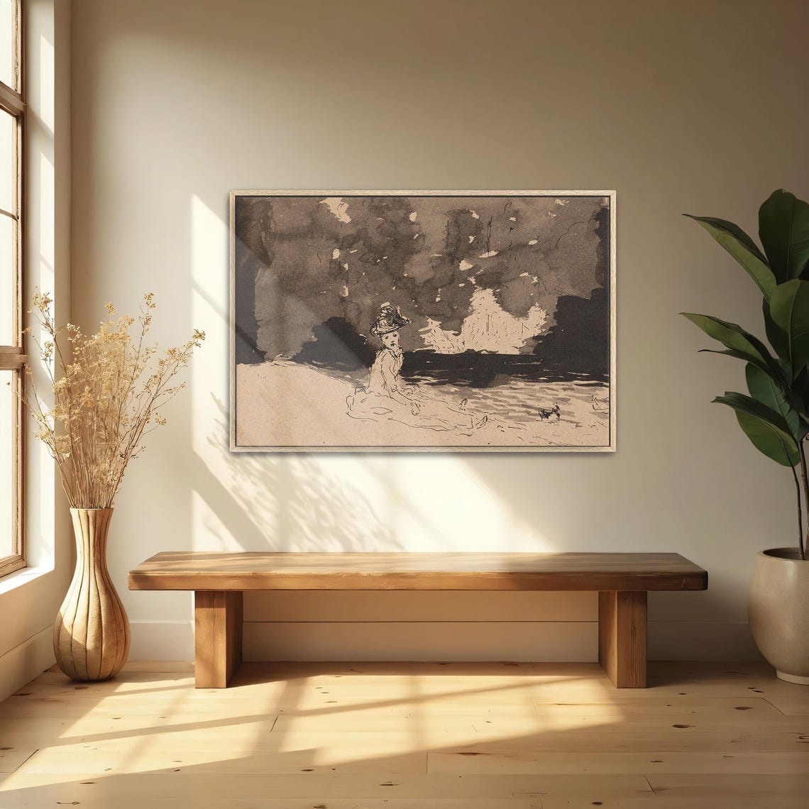 Framed Wall Art Of Woman And Dog By The Water Portrait Fine Art Print Black And White Living Room Artwork Bohemian Illustration - Image 4