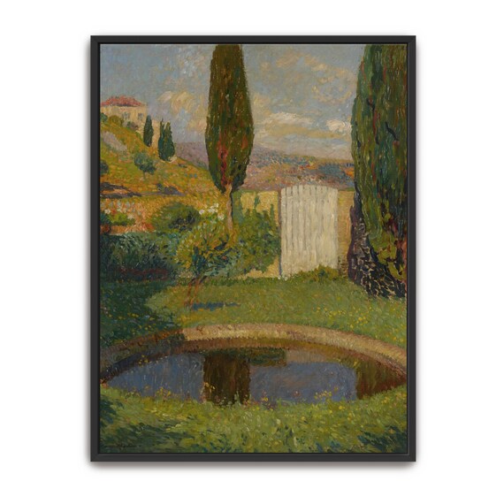 Framed Print Of A Pond In A Garden With Trees Landscape Fine Art Print Green And Blue Bedroom Art Print Rustic Oil Painting