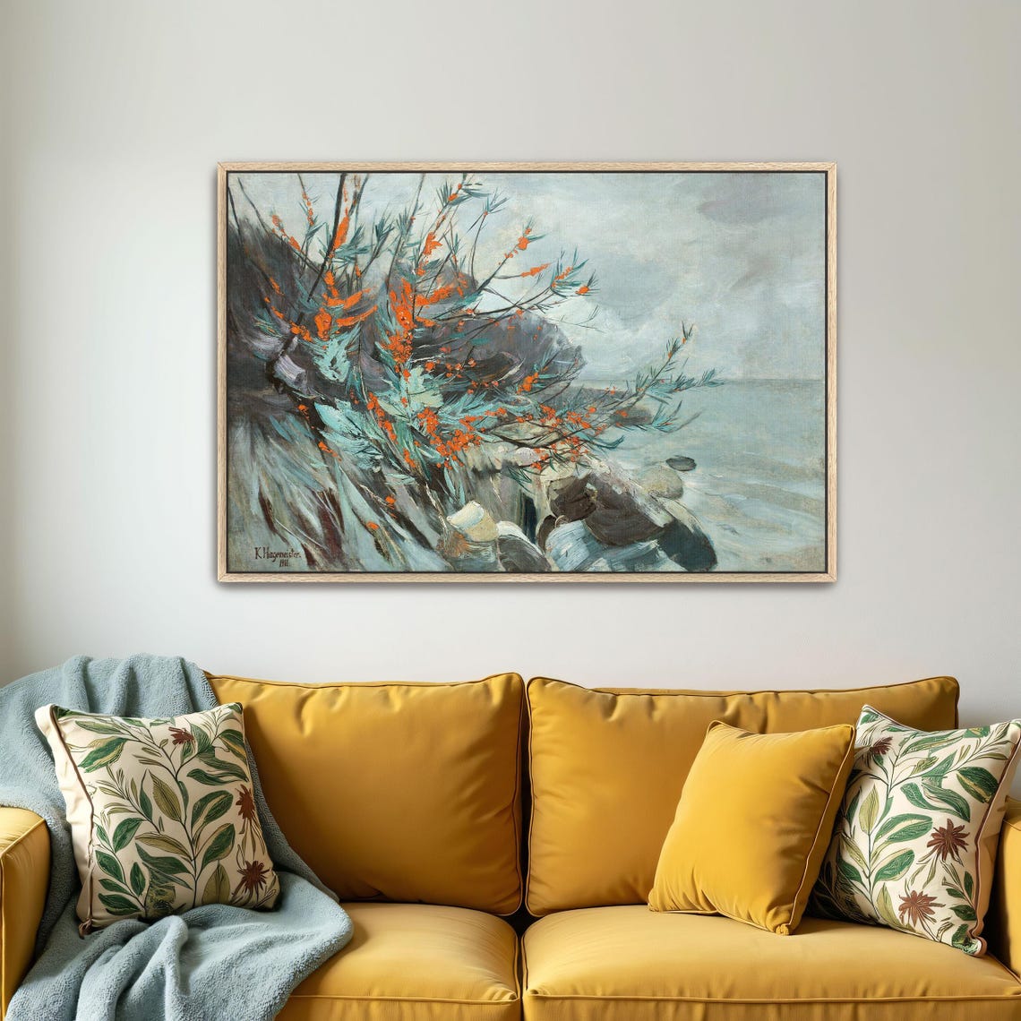 Rocky Seacoast with Bright Orange Berry Bushes Coastal Art Poster - Image 5