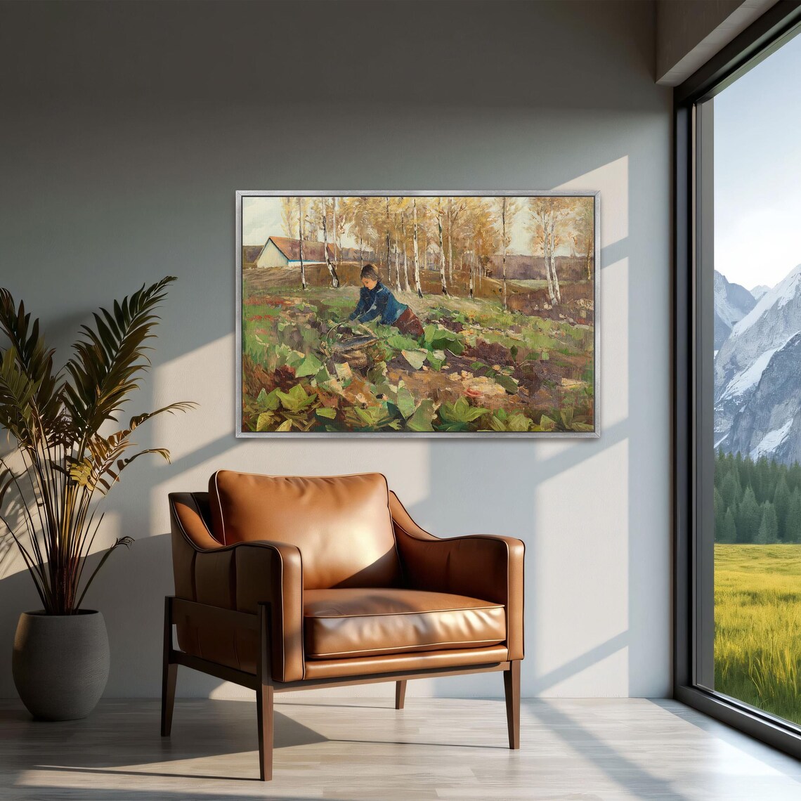 Framed Print Of Woman Gathering Vegetables In Field Landscape Wall Art Green And Brown Entryway Artwork Rustic Oil Painting - Image 2