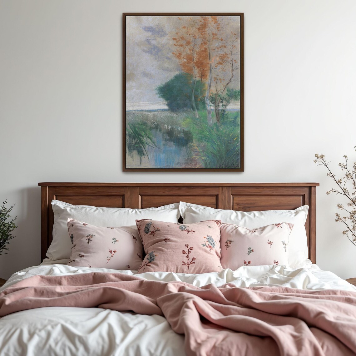 Large Framed Print Of Trees And Grass By A Lake Landscape Wall Art Green And Gray Living Room Artwork Rustic Pastel Painting - Image 5