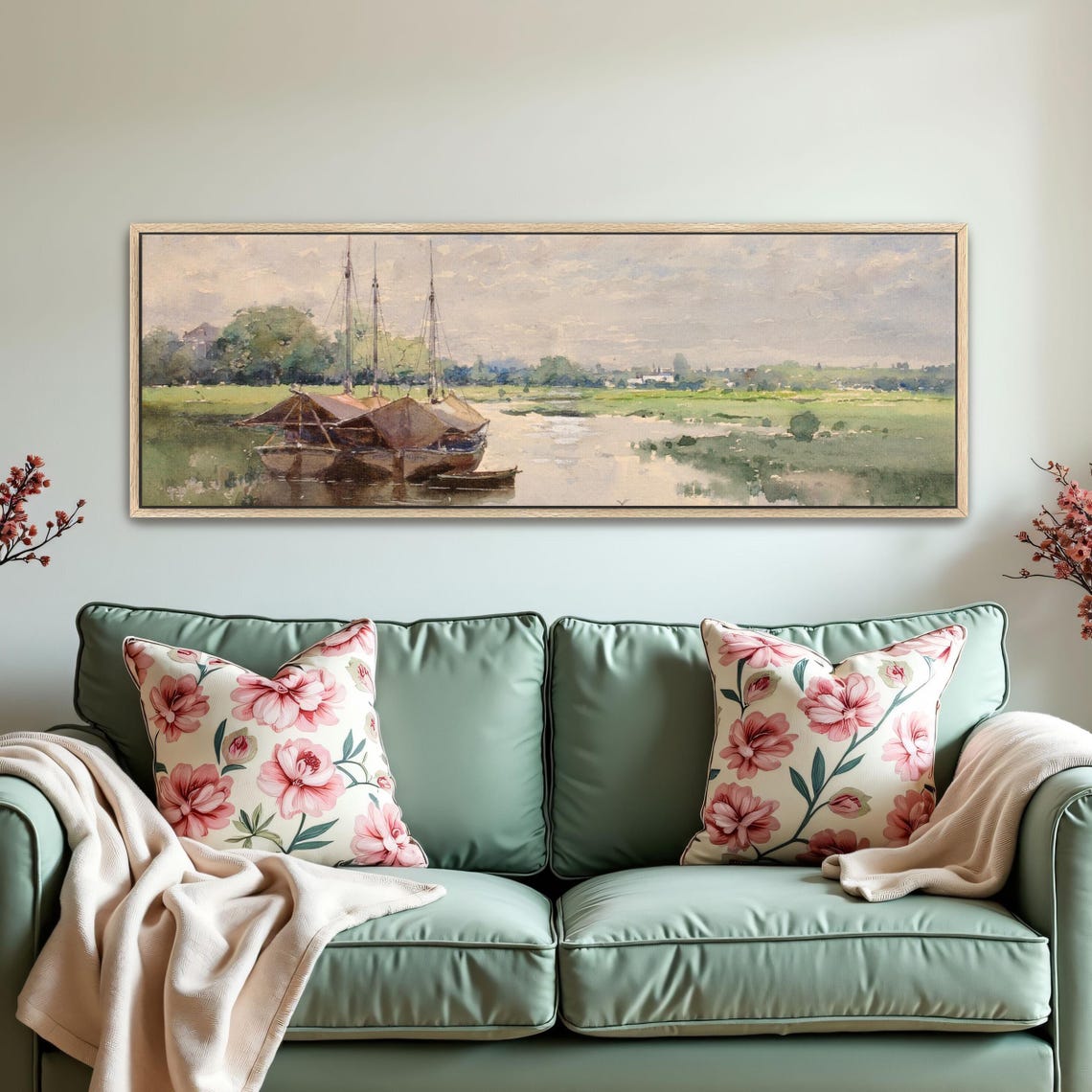 Three Sailboats Docked In A River Panoramic Wall Art Horizontal Framed Art Above Bed Wall Art Bedroom And Living Room Art Wide Narrow - Image 5