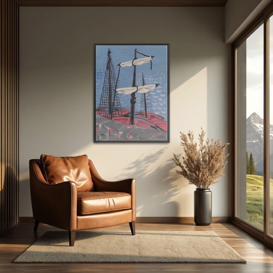 Naive Painting Of Two Red Fishing Boats Moored At The Dock Poster - Image 3