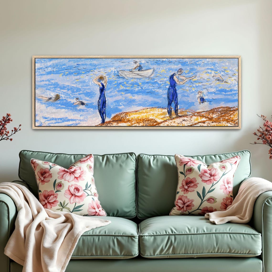 Pastel Drawing of Swimmers and Boats in Bright Blue Water Poster - Image 5