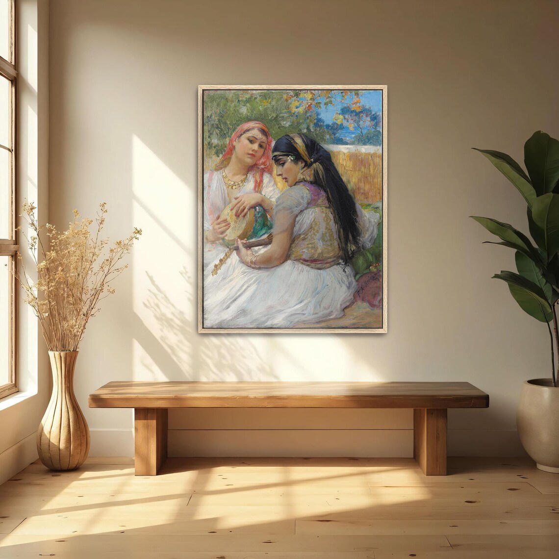Framed Print Of Two Women Playing Music In A Garden Portrait Wall Art White And Green Entryway Decor Victorian Oil Painting - Image 4