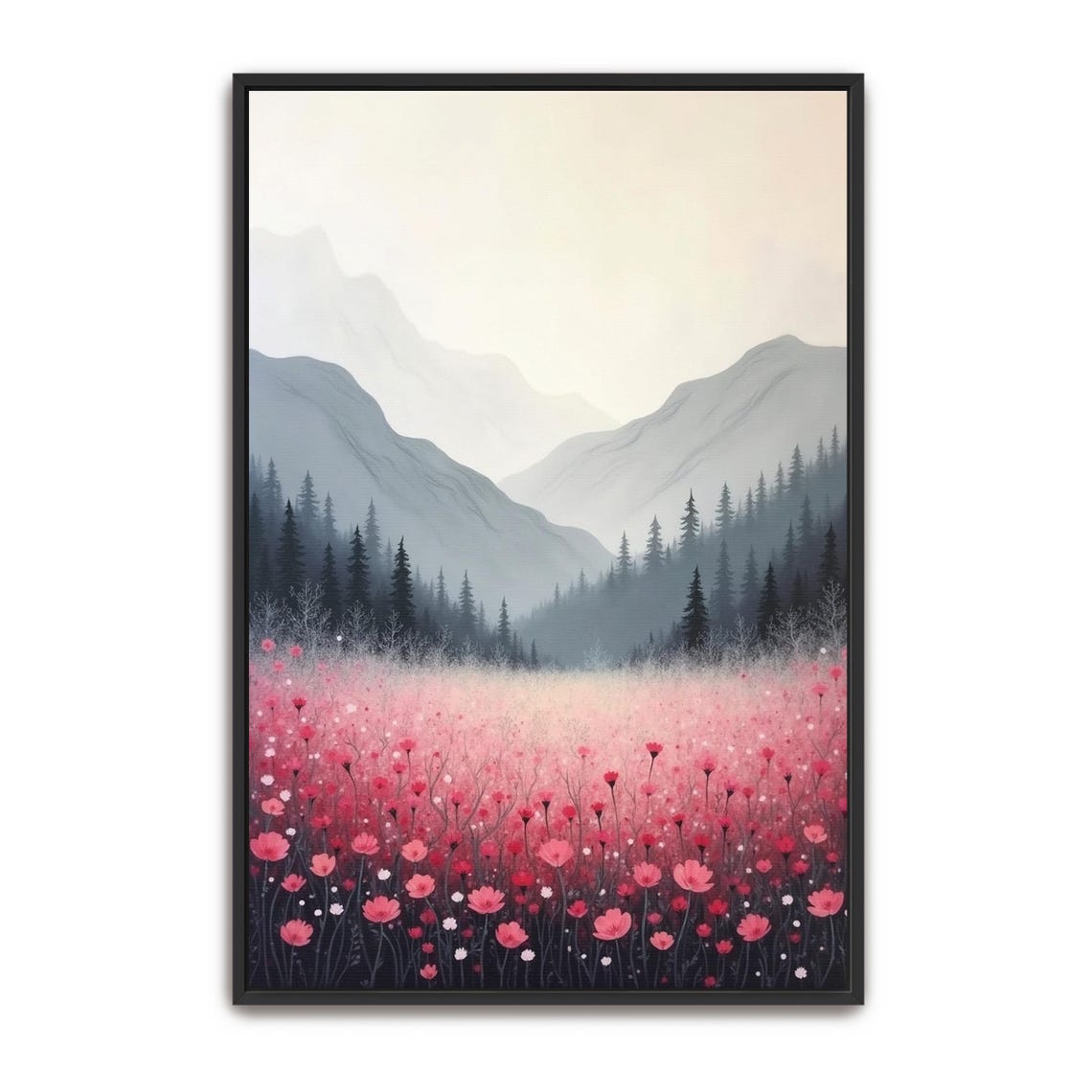 Misty Grey Mountains Rising Over Pink Poppy Meadow Framed Poster