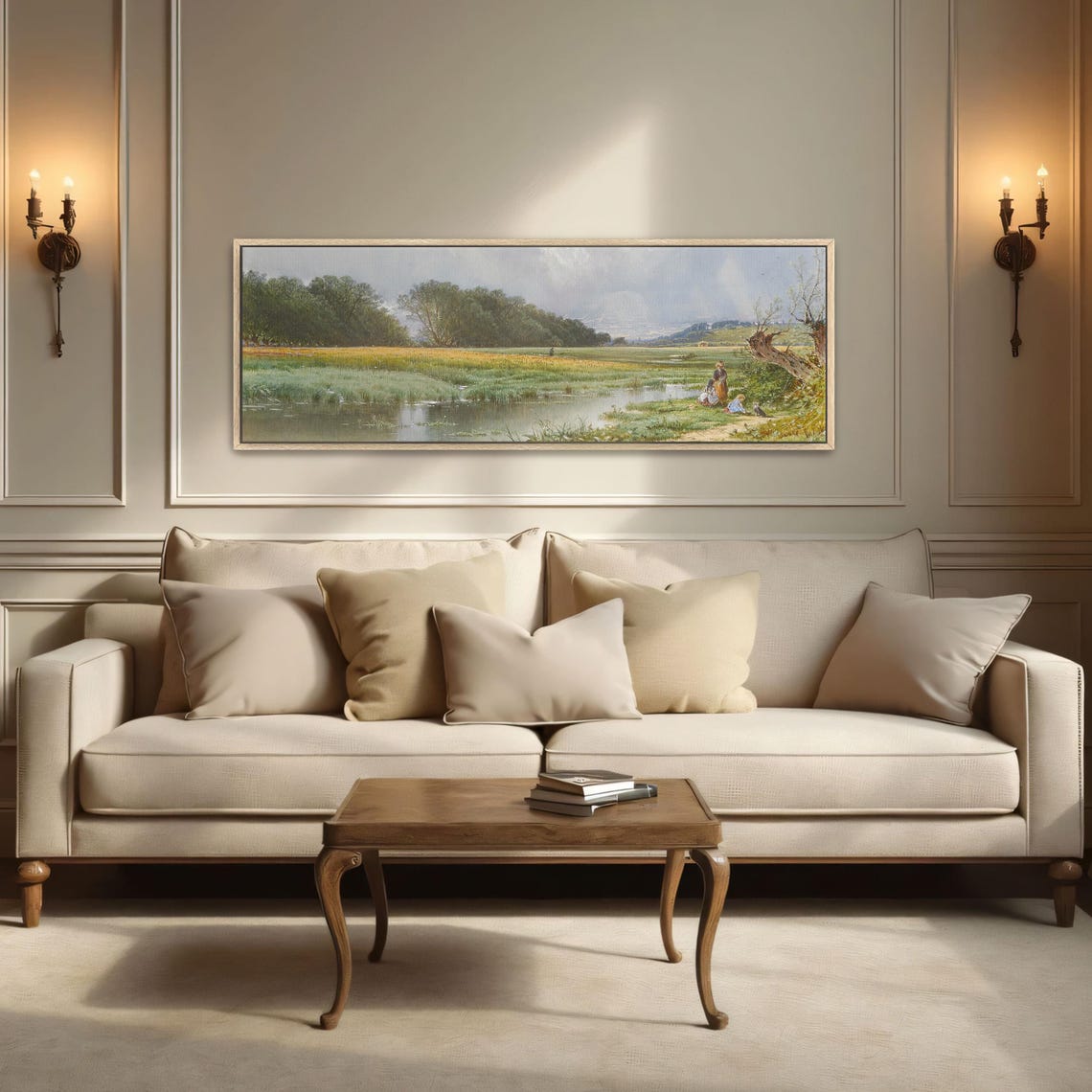 Countryside Landscape With Figures And A Stream Panoramic Wall Art Horizontal Framed Art Above Bed Wall Art Bedroom And Living Room - Image 2