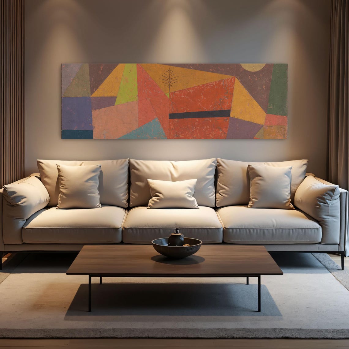 Abstract Geometric Composition With Tree Panoramic Wall Art Horizontal Framed Art Above Bed Wall Art Bedroom And Living Room Art Wide - Image 3
