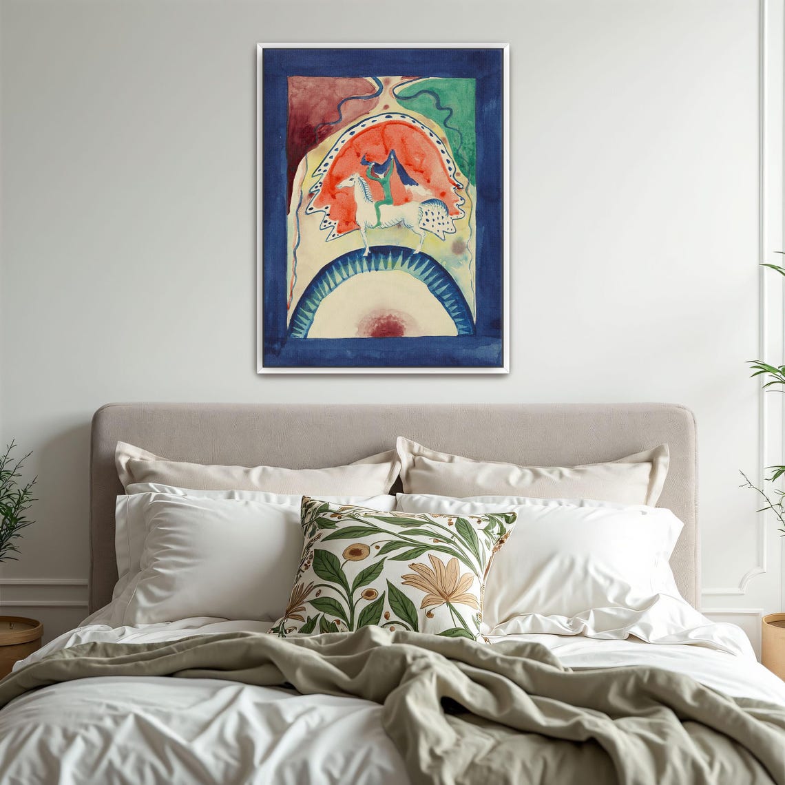 Rider on a White Horse Folk Art Style Watercolor Scene Poster - Image 3