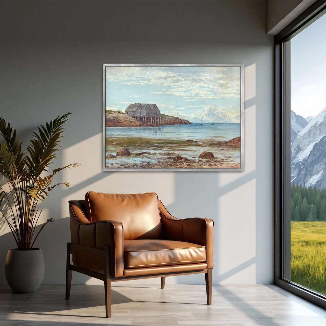 Coastal Houses on Stilts With Sailboats Vintage Seascape Poster - Image 3