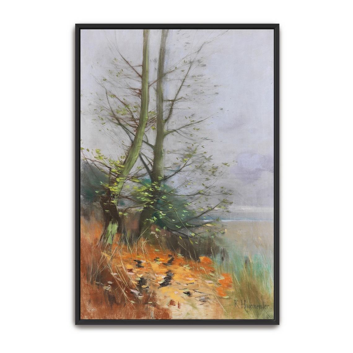 Two Tall Trees In A Foggy Meadow Signed By K. Hagemeister Poster