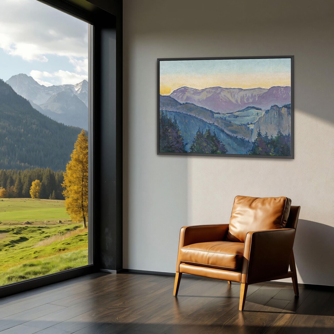 Mountain Valley at Sunset with Violet Peaks Landscape Oil Poster - Image 4