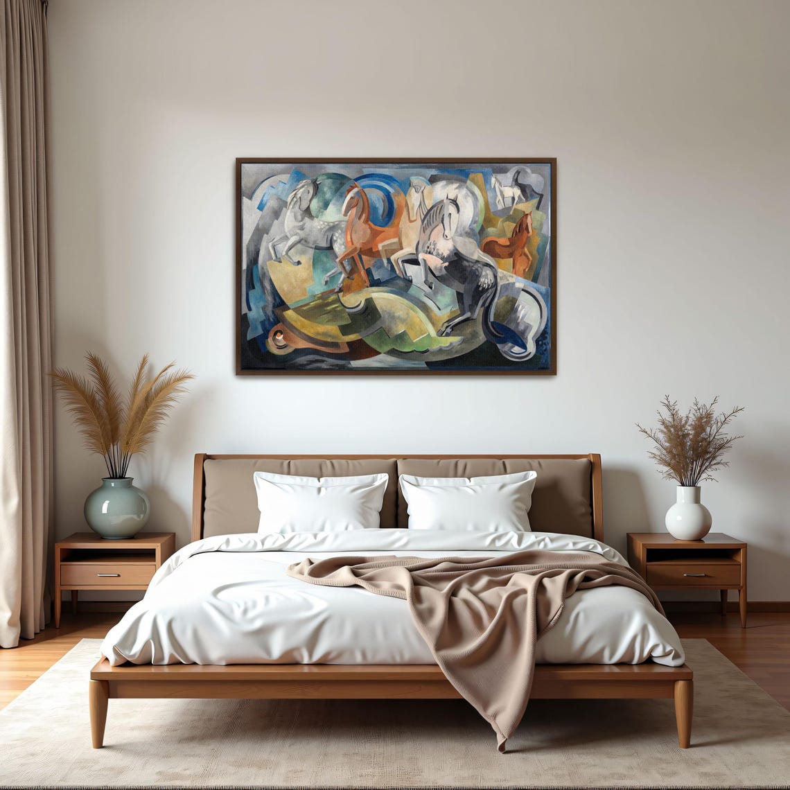 Large Framed Print Of Abstract Painting Of Five Horses Animal Wall Art Blue And Gray Bedroom Art Print Art Deco Oil Painting - Image 5