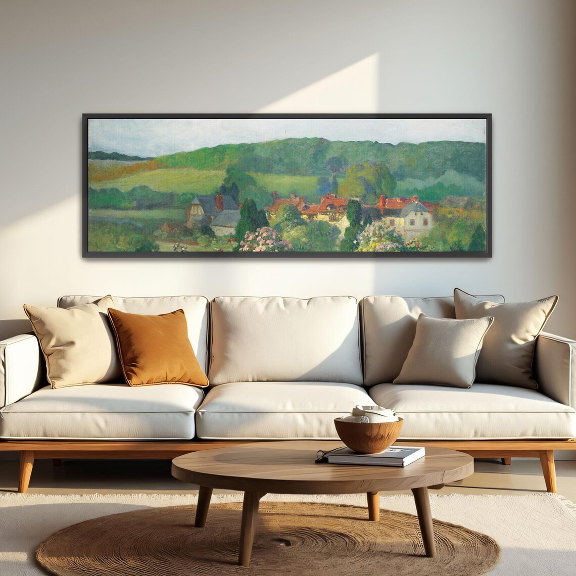 Countryside Landscape With Houses And Trees Panoramic Wall Art Horizontal Framed Art Above Bed Wall Art Bedroom And Living Room Art - Image 2