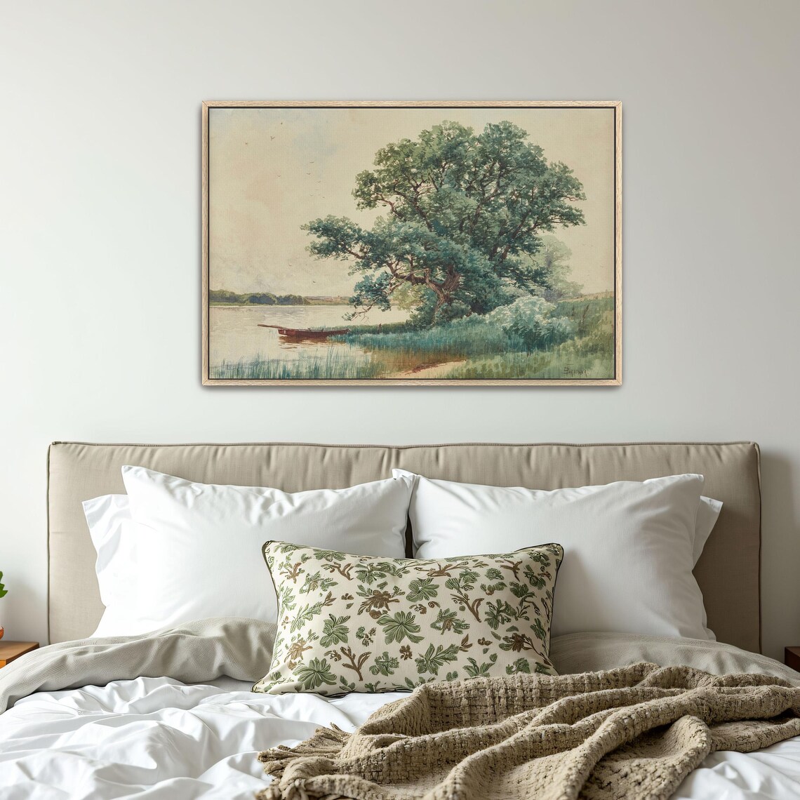 Framed Wall Art Of A Boat On A River Bank Under A Tree Landscape Print Green And White Bedroom Art Print Minimalist Artwork - Image 2