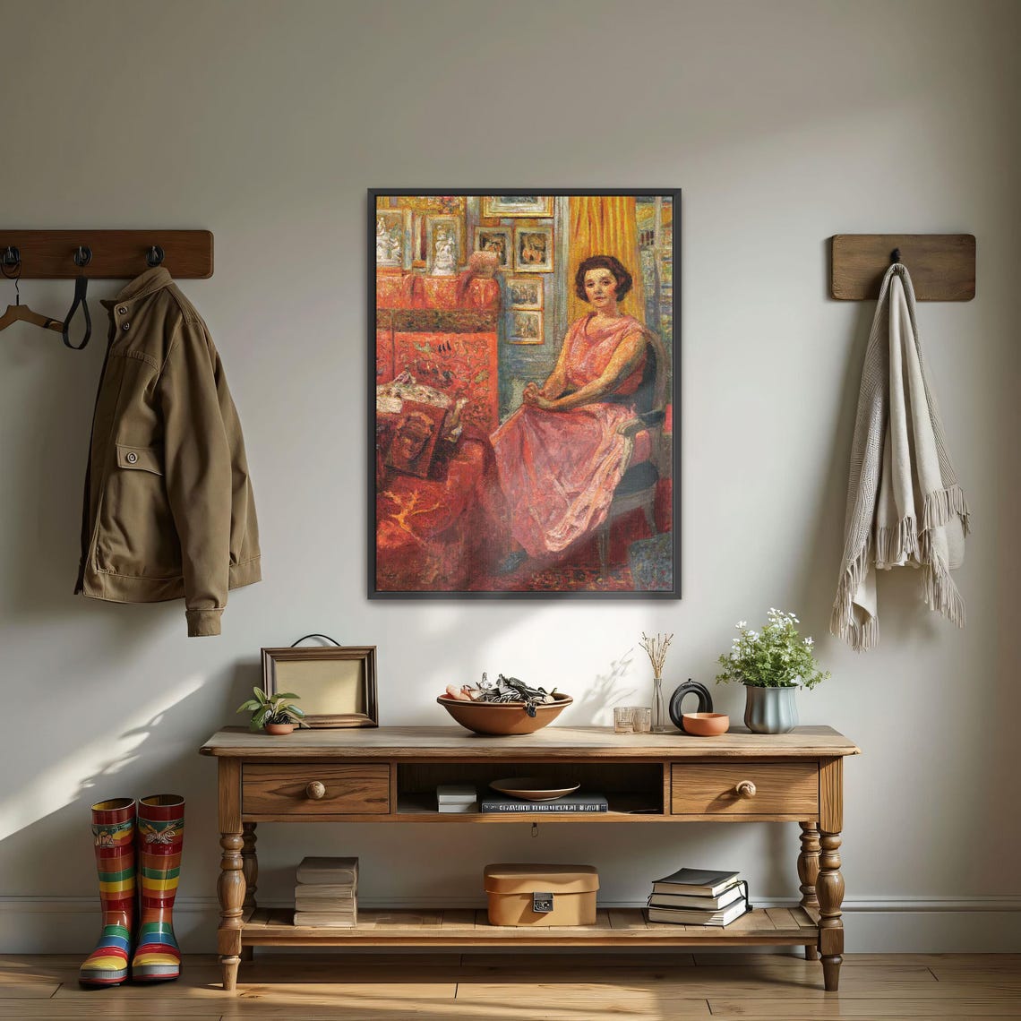 Woman in a Pink Dress Seated Among Paintings in a Studio Poster - Image 3