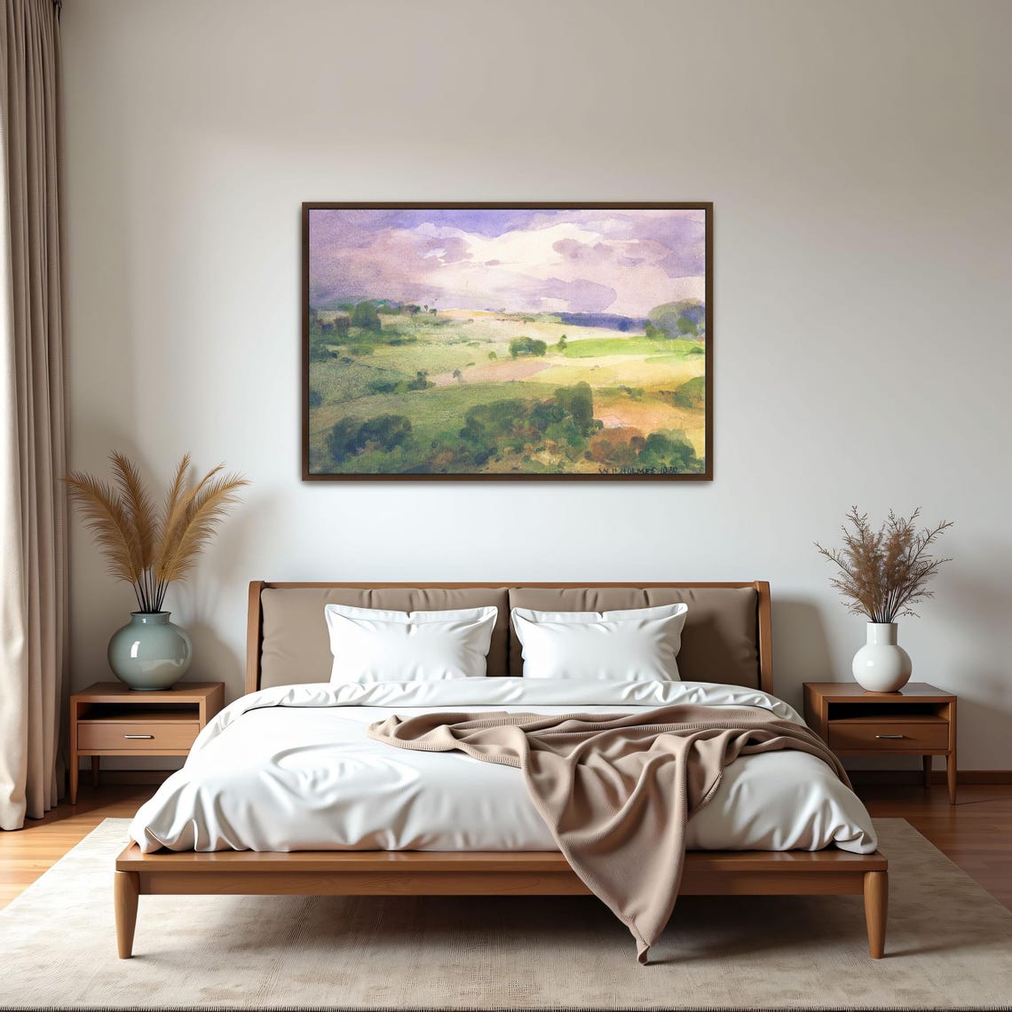 Rolling Green Hills Under Purple Cloudy Sky Watercolor Art Poster - Image 6