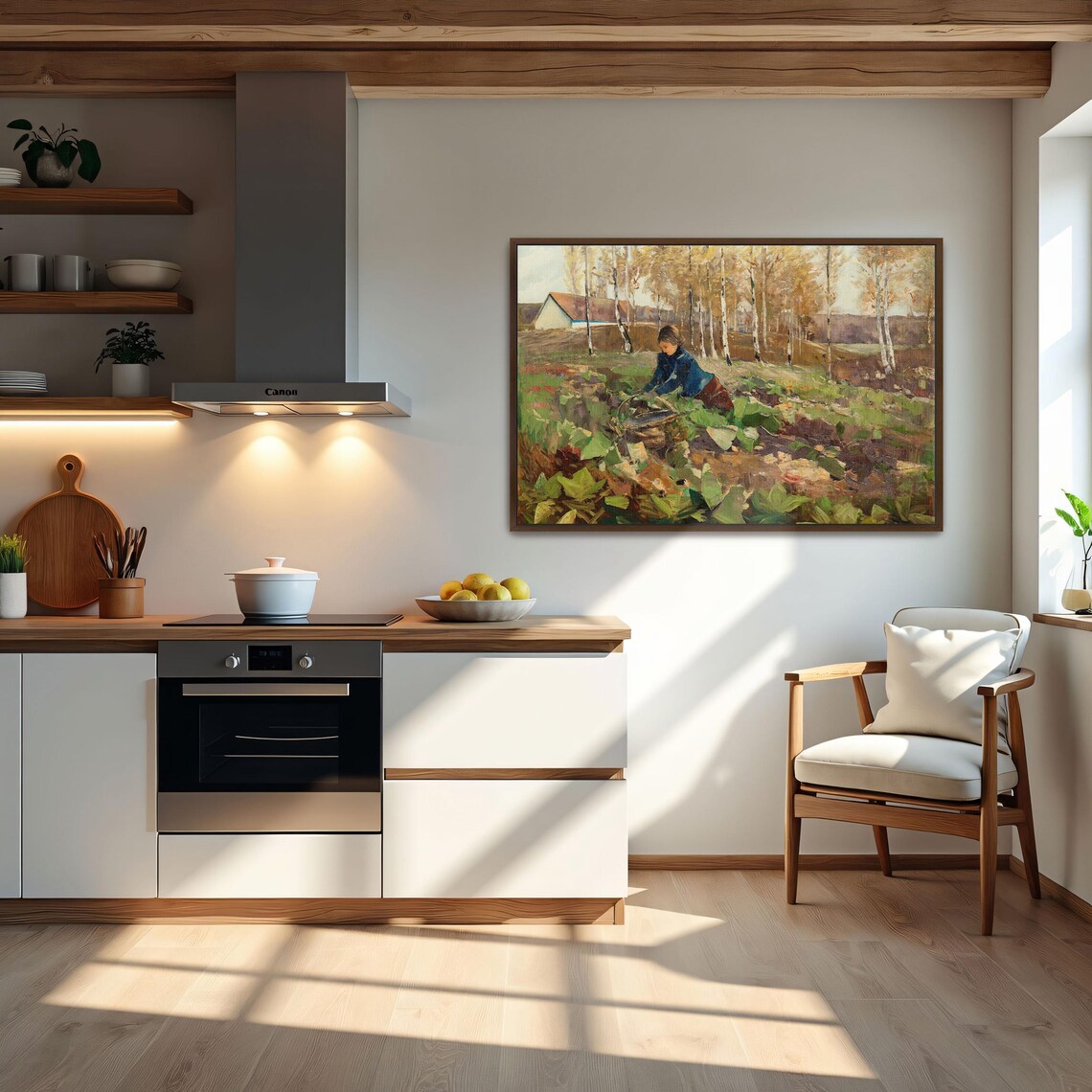 Framed Print Of Woman Gathering Vegetables In Field Landscape Wall Art Green And Brown Entryway Artwork Rustic Oil Painting - Image 5