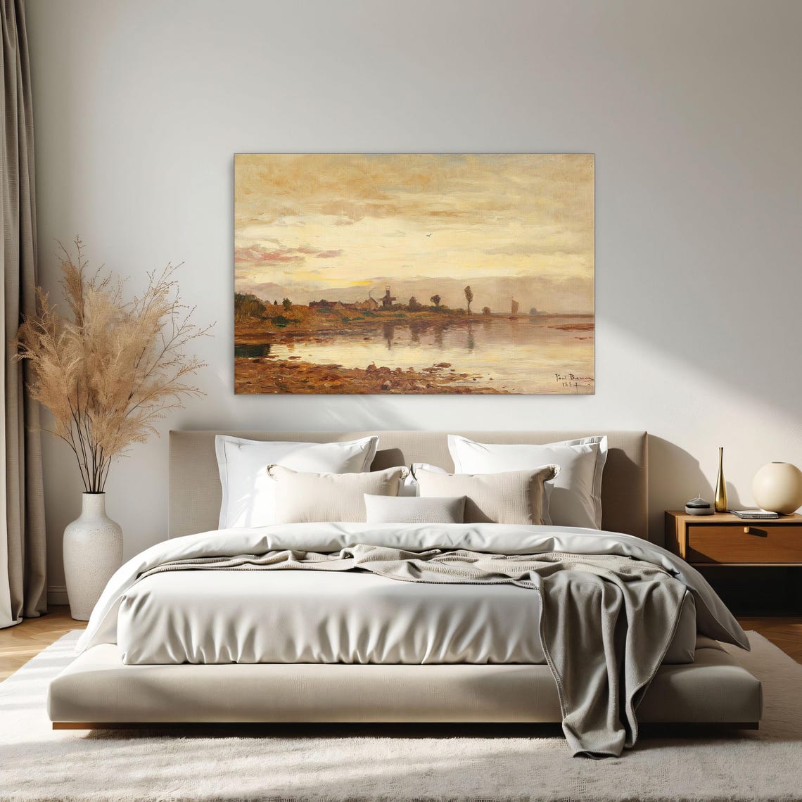 Framed Wall Art Of Sunset Over A Dutch Canal With Windmill Landscape Print Beige And Brown Bedroom Art Print Minimalist Art - Image 2
