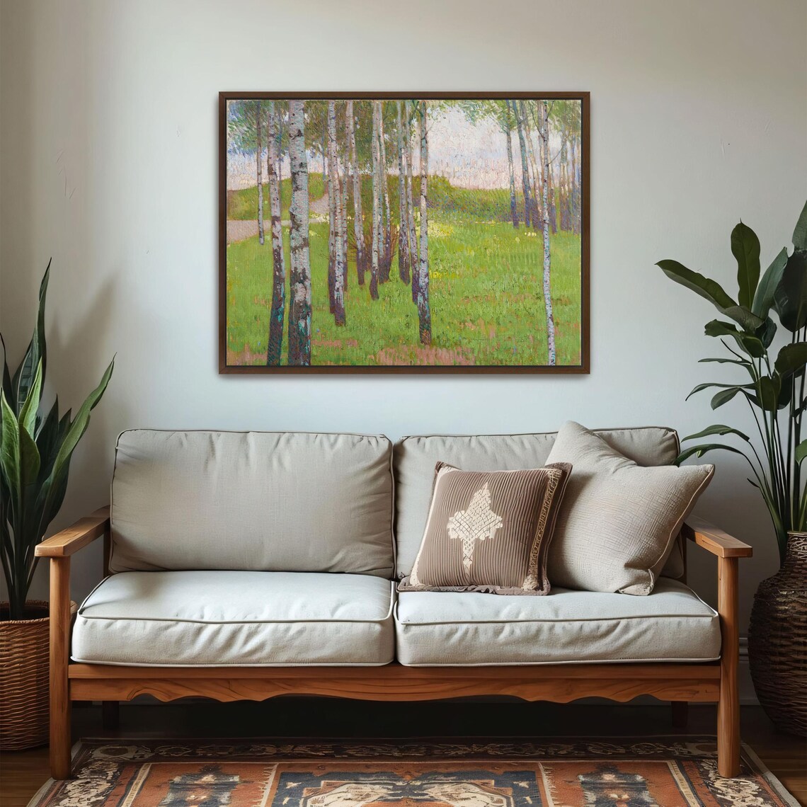 Framed Print Of Birch Trees In A Grassy Field Landscape Print Green And Beige Bedroom Art Print Art Nouveau Oil Painting - Image 6