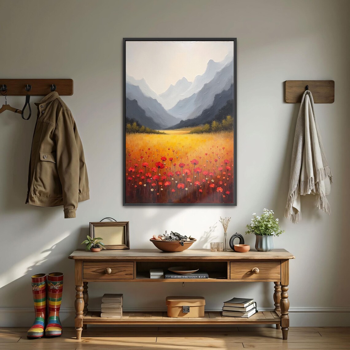 Mountain Meadow Poppy Field with Misty Peaks Landscape Poster - Image 3