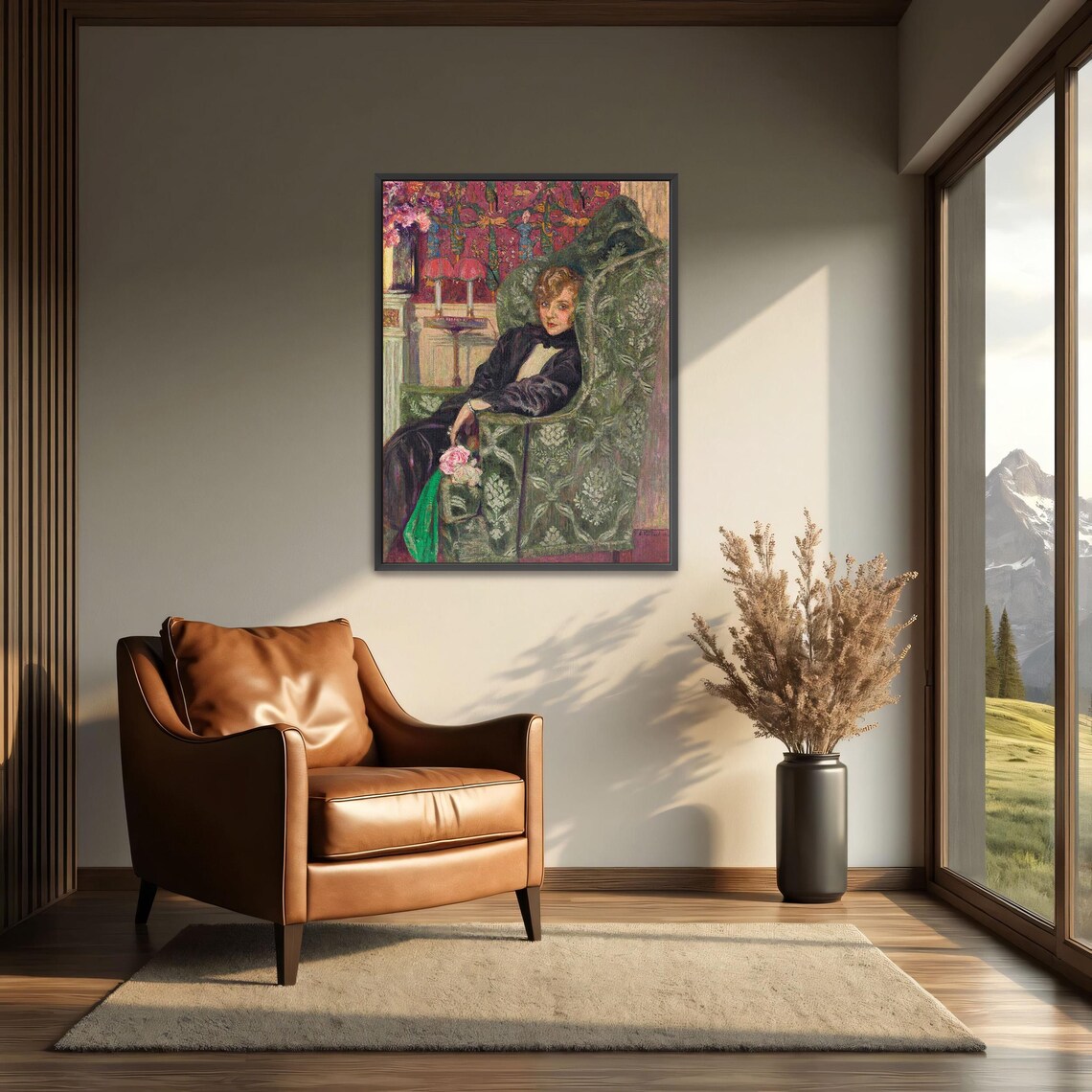 Woman in a Green Armchair with Roses Interior Portrait Poster - Image 4