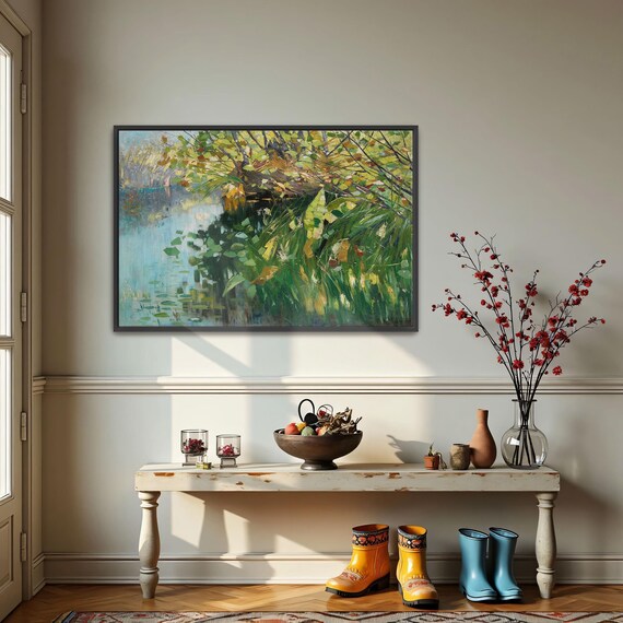 Framed Print Of Forest Pond With Green Foliage Landscape Fine Art Print Green And Blue Bedroom Artwork Rustic Oil Painting