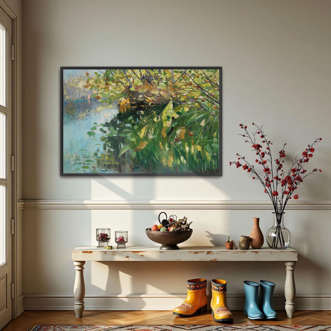 Lush Forest Pond Framed By Sunlit Green Foliage Impressionist Poster