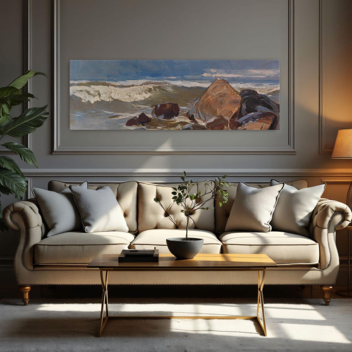 Stormy Seascape With Crashing Waves On A Rocky Shore Panoramic Poster - Image 3
