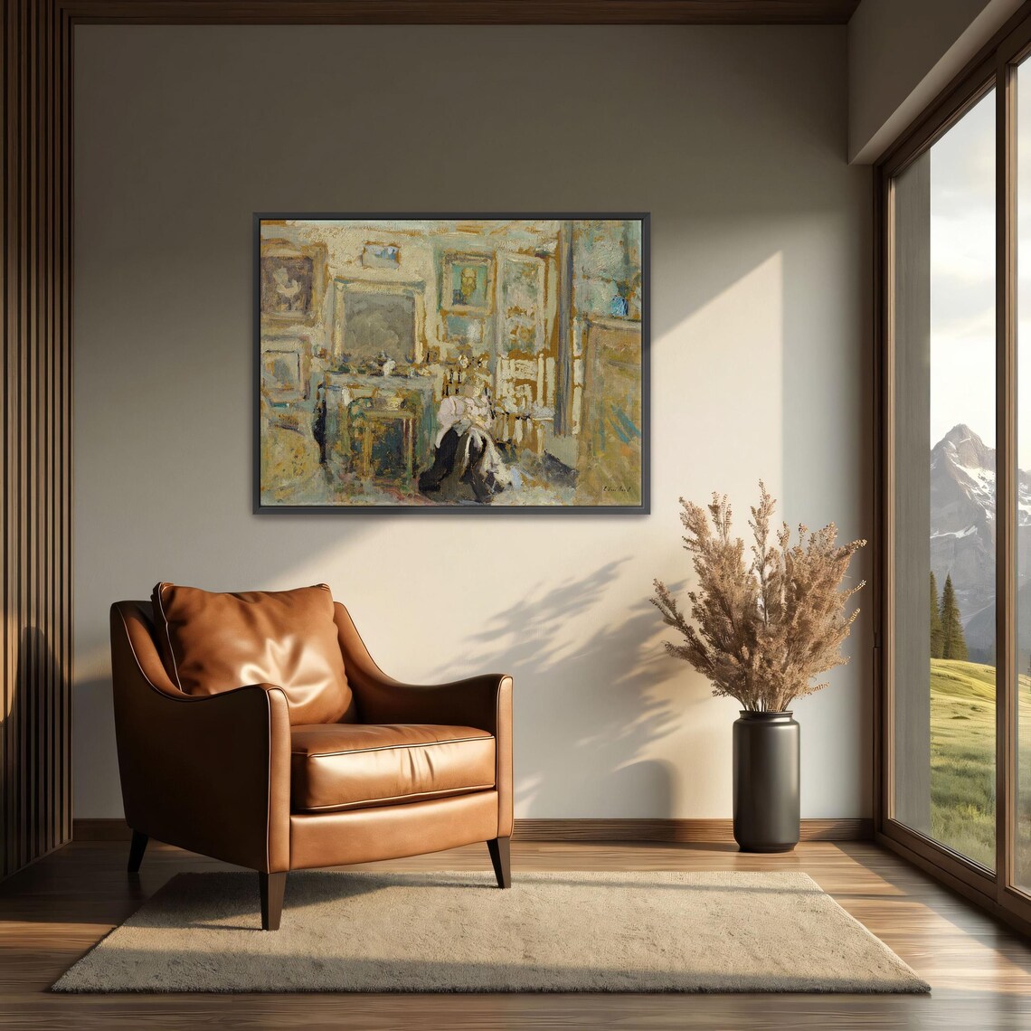 Woman Seated in a Sunlit Blue and Gold Interior Painting Art Poster - Image 4