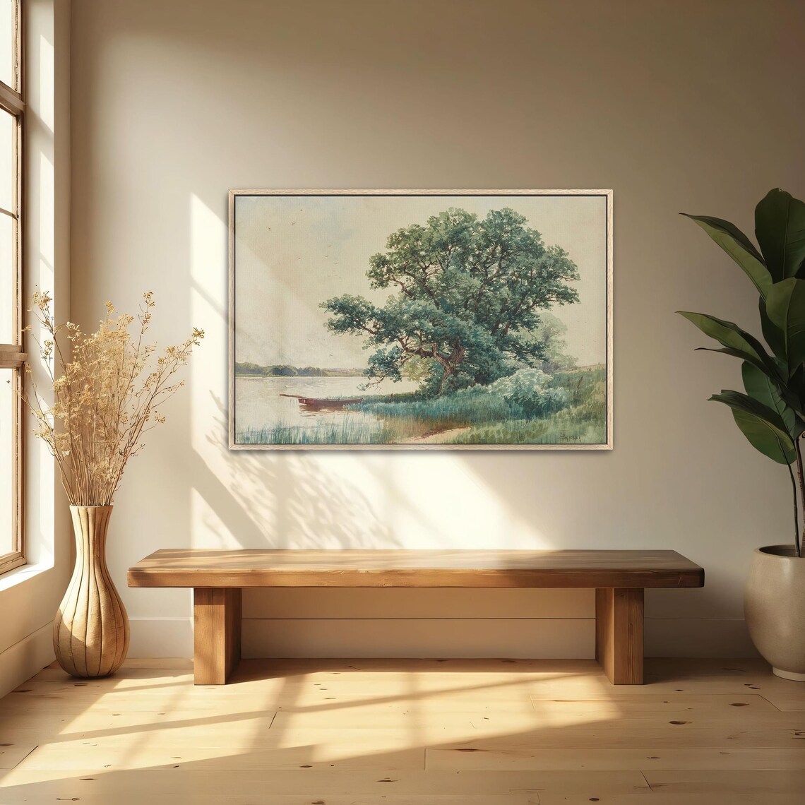 Framed Wall Art Of A Boat On A River Bank Under A Tree Landscape Print Green And White Bedroom Art Print Minimalist Artwork - Image 5