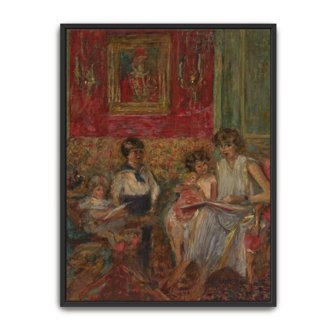 Framed Wall Art Of A Woman Reading To Children In A Room Portrait Print Red And White Entryway Art Bohemian Oil Painting
