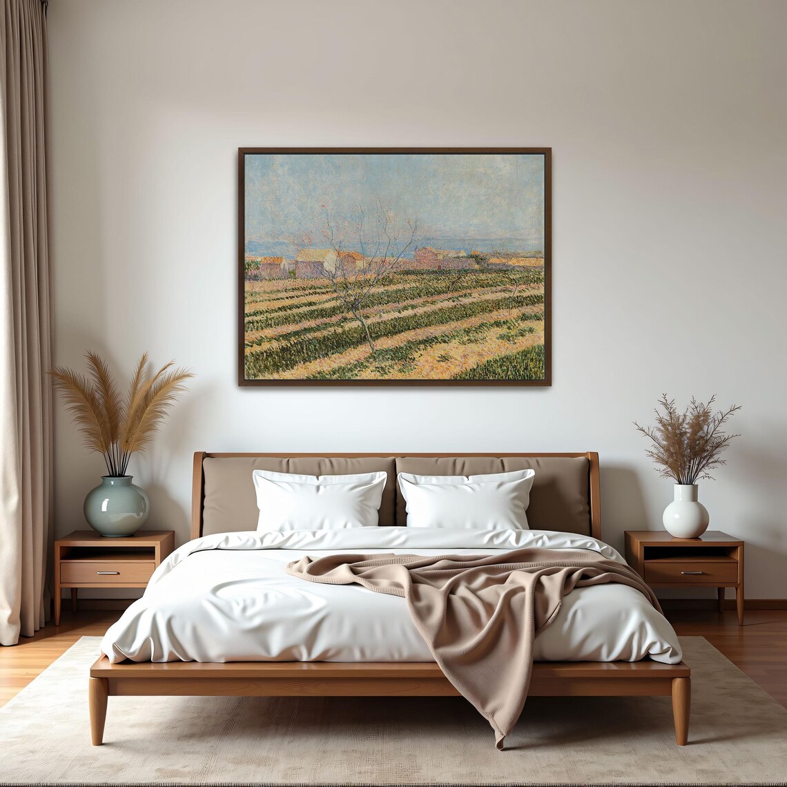Framed Print Of Countryside Landscape With A Tree Landscape Wall Art Green And Beige Bedroom Artwork Rustic Oil Painting