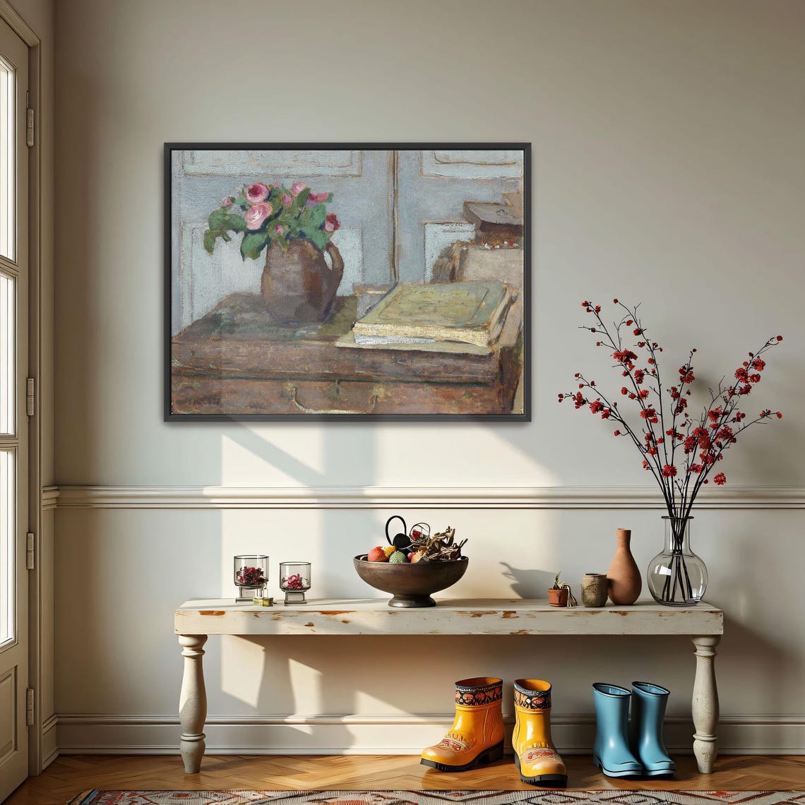 Roses in a Pitcher with a Book Impressionist Still Life Poster