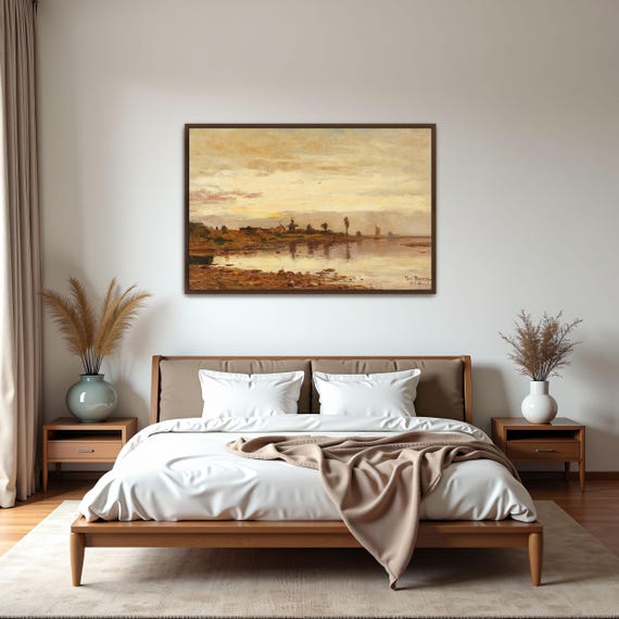 Framed Wall Art Of Sunset Over A Dutch Canal With Windmill Landscape Print Beige And Brown Bedroom Art Print Minimalist Art
