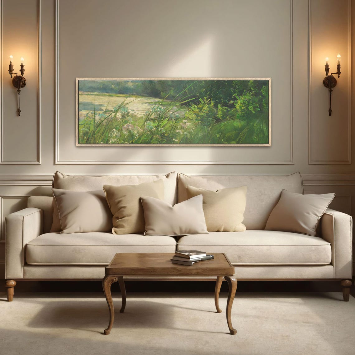 Sunlit Meadow With White Wildflowers at the Edge of a Calm Lake Poster - Image 5